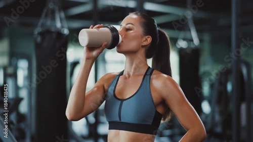 Woman drinking from a protein shaker bottle after a workout at the gym
