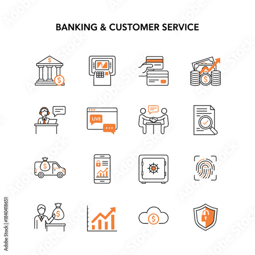 Banking and Customer Service Icon Set. Financial Technology, Money Transaction, Security, and Support Line Icons