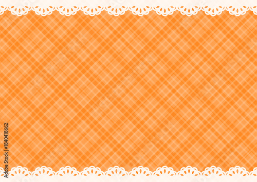 背景　レースの飾りと斜めのチェック柄　オレンジ