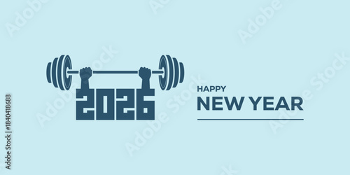 Modern “Happy New Year 2026” typography in bold blue on a light cyan background, clean minimalist holiday banner ideal for greetings, web headers, social media posts.