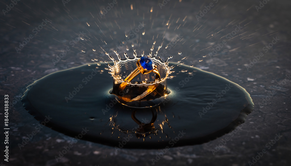 Fototapeta premium Gold Ring with Sapphire Gemstone Dropping into Water Splash