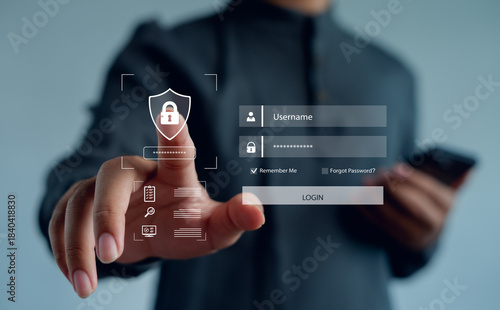 Photos person accessing a secure login interface with a digital lock icon, representing cybersecurity, user authentication, data protection, and modern online security for safe digital access
