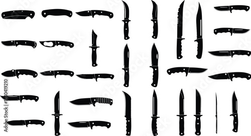 Black Silhouette Tactical Survival Hunting Knives Collection Flat Vector Illustration Set for Outdoor Wilderness Gear and Protection Drawing