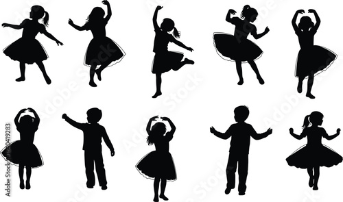 Collection of Cute Children Silhouettes Dancing and Playing, Boys and Girls in Dynamic Poses, Flat Vector Illustration Set for Kids, Education, and Fun Design