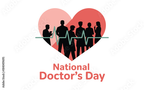 Illustration of national doctors day celebration with medical team silhouette inside a heart shape featuring an ecg line