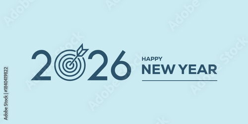 Modern “Happy New Year 2026” typography in bold blue on a light cyan background, clean minimalist holiday banner ideal for greetings, web headers, social media posts.