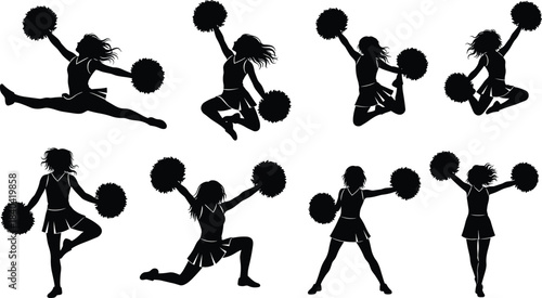 Collection of Dynamic Cheerleader Silhouettes Jumping and Posing with Pom-Poms, Flat Vector Illustration Set for Sport, School, and Competition Design