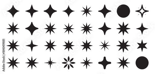 Vector star and geometric shape icons set. Black sparkles, diamonds, circles, and twinkling silhouettes.