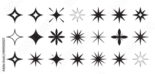 Decorative set of black geometric stars, sunbursts, and linear sparkle elements.