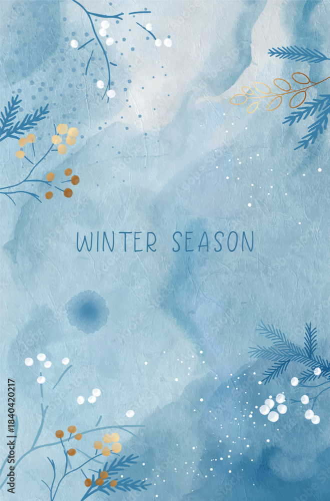 Naklejka premium Abstract Watercolor Winter background. Light blue watercolor sketch. Concept of the winter season. Watercolor ink drawing with elements of winter plants