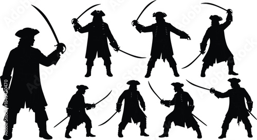Collection of Dynamic Pirate Silhouettes in Fighting Poses, Wearing Tricorn Hats and Holding Cutlass Swords, Flat Vector Illustration Set for Adventure and Sea Design