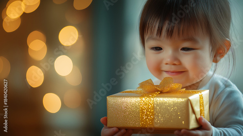 Young child joyfully holding a shimmering gold gift box, celebrating a special occasion with a heartwarming smile, surrounded by festive bokeh lights