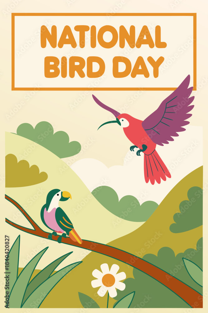 Fototapeta premium National Bird Day concept with hummingbird, Toucan illustration
