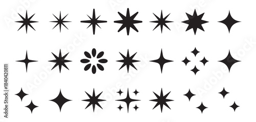 Vector star and sparkle icons set. Black clean twinkling clusters, cross shapes, and floral stars.