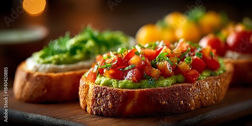 Fresh bruschetta topped with diced tomatoes, basil and herbs on toasted bread slices served on wooden board for appetizer menu and Italian cuisine.