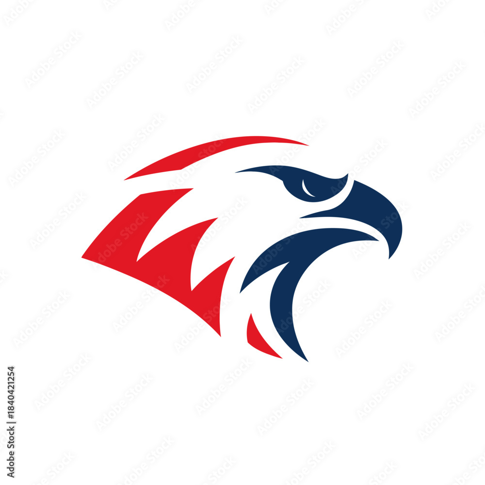 Fototapeta premium Stylized eagle head vector illustration in red and blue. Modern graphic design of a powerful predatory bird, ideal for a mascot or logo concept.