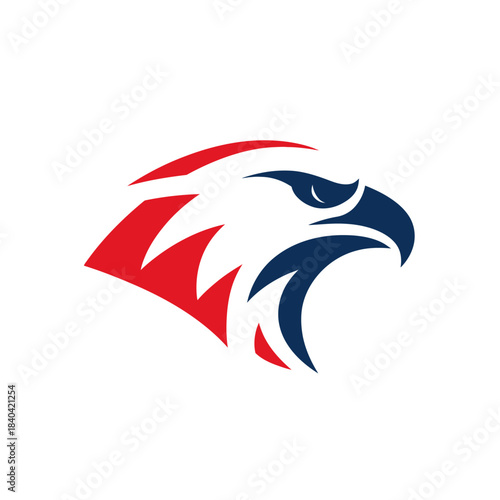 Stylized eagle head vector illustration in red and blue. Modern graphic design of a powerful predatory bird, ideal for a mascot or logo concept.
