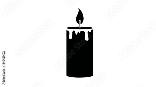 Burning candle with melting wax silhouette icon. Simple black flame light graphic symbol on white background, spirituality concept.