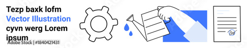 Workflow optimization, process management, automation, document processing, office tools, efficiency. Gear icon, hand pouring drops into paper and a signed document. Workflow optimization