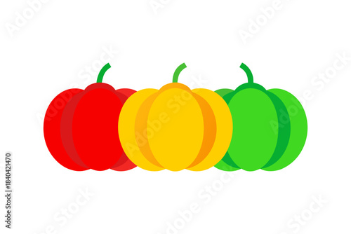 Colorful bell pepper rings arranged in a clean rainbow order on a white background, vibrant sliced vegetables displayed in a minimal flat composition for fresh food, cooking, and healthy eating visual