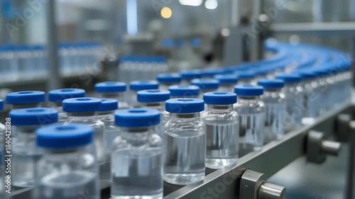 Pharmaceutical production line with vials on a conveyor belt, highlighting vaccine or medication manufacturing