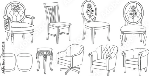 Elegant Vector Line Art Set of Various Classic and Modern Furniture Chairs, Armchairs, Stools, and Vintage Side Table.