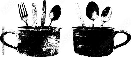 Black and white stencil art of mismatched flea market utensils in rustic mugs