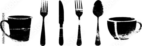 Black and white stencil of mismatched flea market cutlery and cups for creative urban design