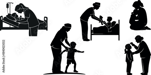 NA caregiver silhouette checking patient in hospital bed – nursing assistant care with IV stand – Homo sapiens medical vector illustration
