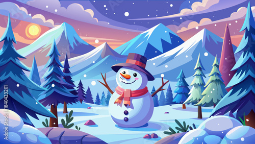 Cheerful snowman standing in a magical winter wonderland, surrounded by snowy mountains, tall pine trees, and soft falling snowflakes, creating a joyful and serene winter landscape