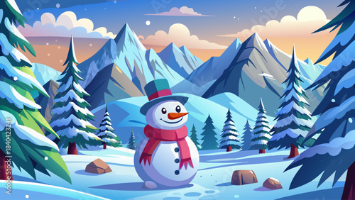 Happy snowman with a bright scarf and carrot nose placed in a snowy forest clearing, framed by majestic snow-covered mountains and dense pine trees under a calm winter sky