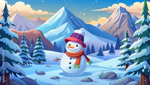 Happy snowman with a bright scarf and carrot nose placed in a snowy forest clearing, framed by majestic snow-covered mountains and dense pine trees under a calm winter sky