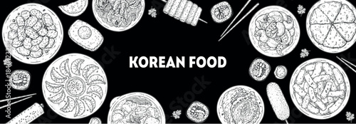 Korean food vector drawing frame. Hand drawn top view Korean food dishes vector sketch illustration. Bulgogi, mandu, kimbap, japchae, jjigae, tteokbokki, kimchi, nakji bokkeum, pajeon