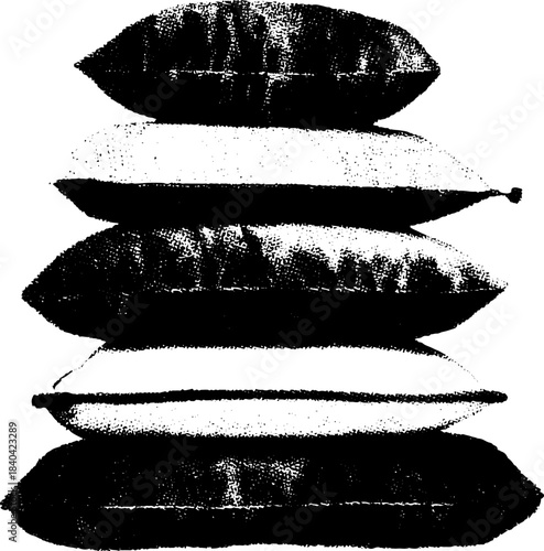 Black and white stencil art of patched up street cushions for urban decor