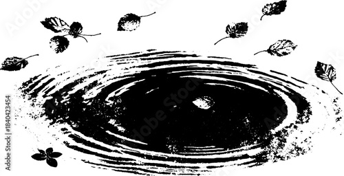Black and white stencil art of pond ripples with floating leaves