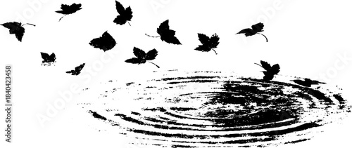 Black and white stencil of falling leaves on pond ripples for print design