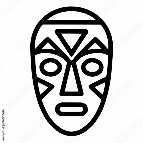 Line icon of a mask with geometric design — indigenous culture, black on white, square minimalist style