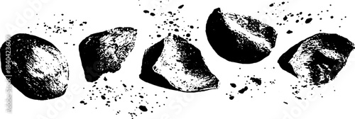 Black and white stencil of raw clay fragments with splatter effect for artistic design