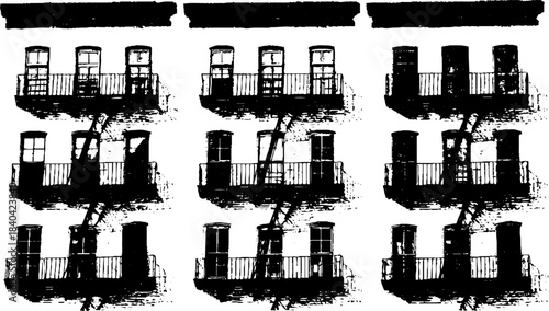Black and white stencil art of rhythmic building facade with balconies