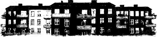 Black and white stencil of urban buildings with rhythmic patterns for artistic design