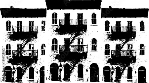 Black and white stencil illustration of rhythmic building facades