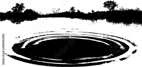 Black and white stencil of rippling lake reflection with trees and grasses