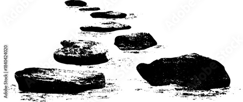Black and white stencil illustration of river stones pathway design