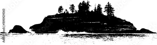 Black and white stencil of rocky island silhouette with trees and ocean waves