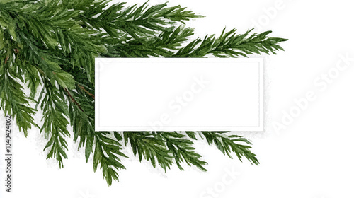 Watercolor-style green evergreen foliage framing blank white rectangular space, set against light textured background. Festive winter border design, ideal for wallpaper, poster, banner