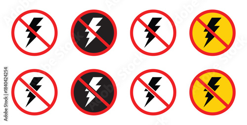 Electricity and Lightning Prohibition Sign Icon Set. Vector Illustration of Power Off Symbol with Lightning Bolt and Prohibition Mark for Energy Shutdown, Safety Labels, and Caution Notices.