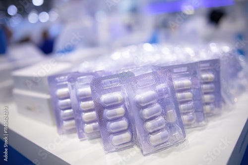 Pills in transparent blister packs arranged in multiple rows