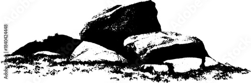 Black and white stencil illustration of rugged boulder outcrop for art and design