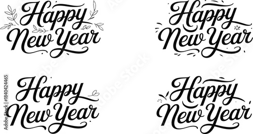 Vintage Black and White “Happy New Year” Calligraphic Letterpress Set in 2x2 Grid