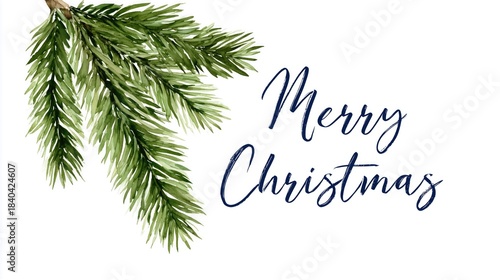 Merry Christmas cursive text in dark blue, paired with watercolor-style green evergreen pine branch, set against plain white background. Festive holiday greeting design, ideal for wallpaper, poster